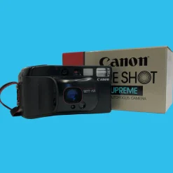 Canon Sure Shot Supreme 35mm Film Camera Point and Shoot with Black Leather Canon Case and ORIGNAL BOX