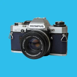 Olympus OM10 Navy Leather Vintage 35mm Film Camera w/ F/1.8 50mm Lens