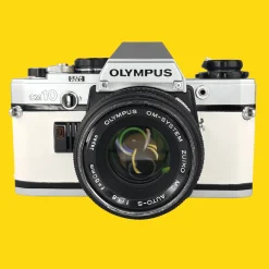 Olympus OM10 White Leather Vintage 35mm Film Camera w/ F/1.8 50mm Lens