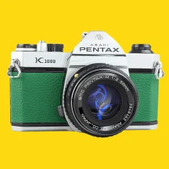 Pentax K1000 Green Leather Vintage SLR 35mm Film Camera with Pentax f/2 50mm Prime Lens