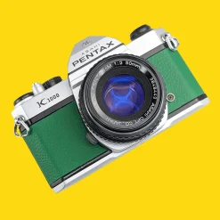 Pentax K1000 Green Leather Vintage SLR 35mm Film Camera with Pentax f/2 50mm Prime Lens