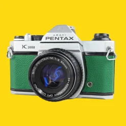 Pentax K1000 Green Leather Vintage SLR 35mm Film Camera with Pentax f/2 50mm Prime Lens