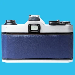 Pentax K1000 Navy Leather Vintage SLR 35mm Film Camera with Pentax f/2 50mm Prime Lens.